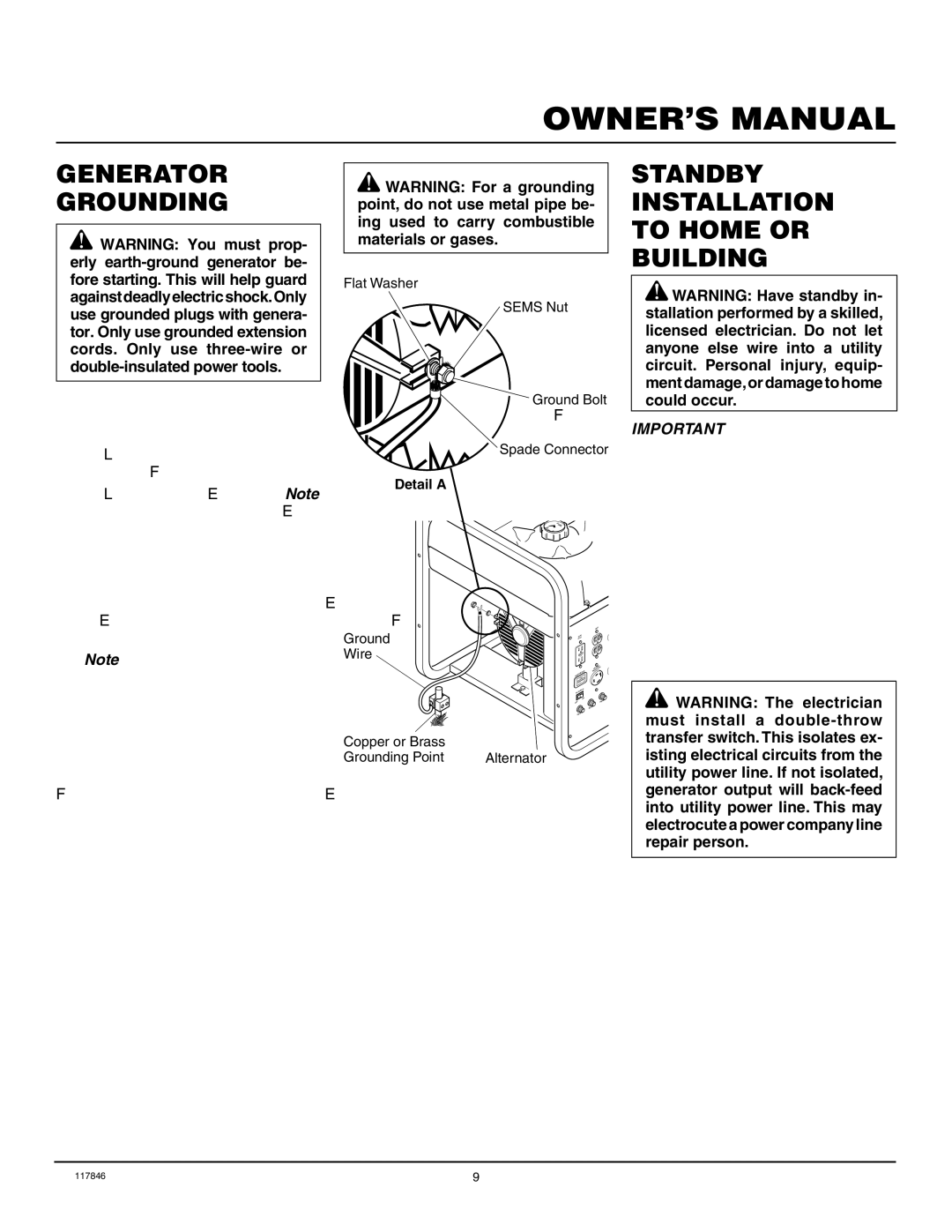 Master Lock MGH8500AIE, MGH10000C installation manual Generator Grounding, Standby Installation to Home or Building 