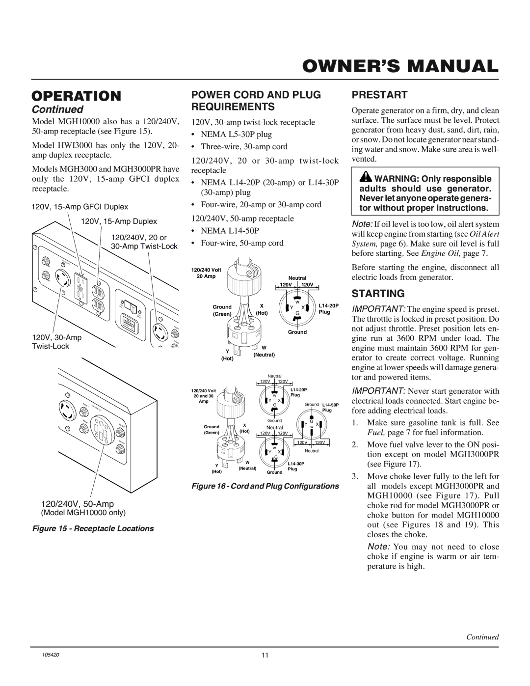 Master Lock MGH4000C, MGH3000PR installation manual Power Cord and Plug Requirements, Prestart, Starting 