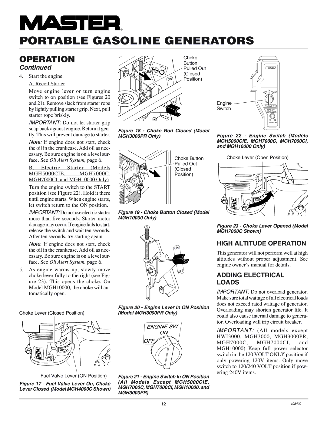 Master Lock MGH3000PR, MGH4000C installation manual High Altitude Operation Adding Electrical Loads, Engine SW, Off 