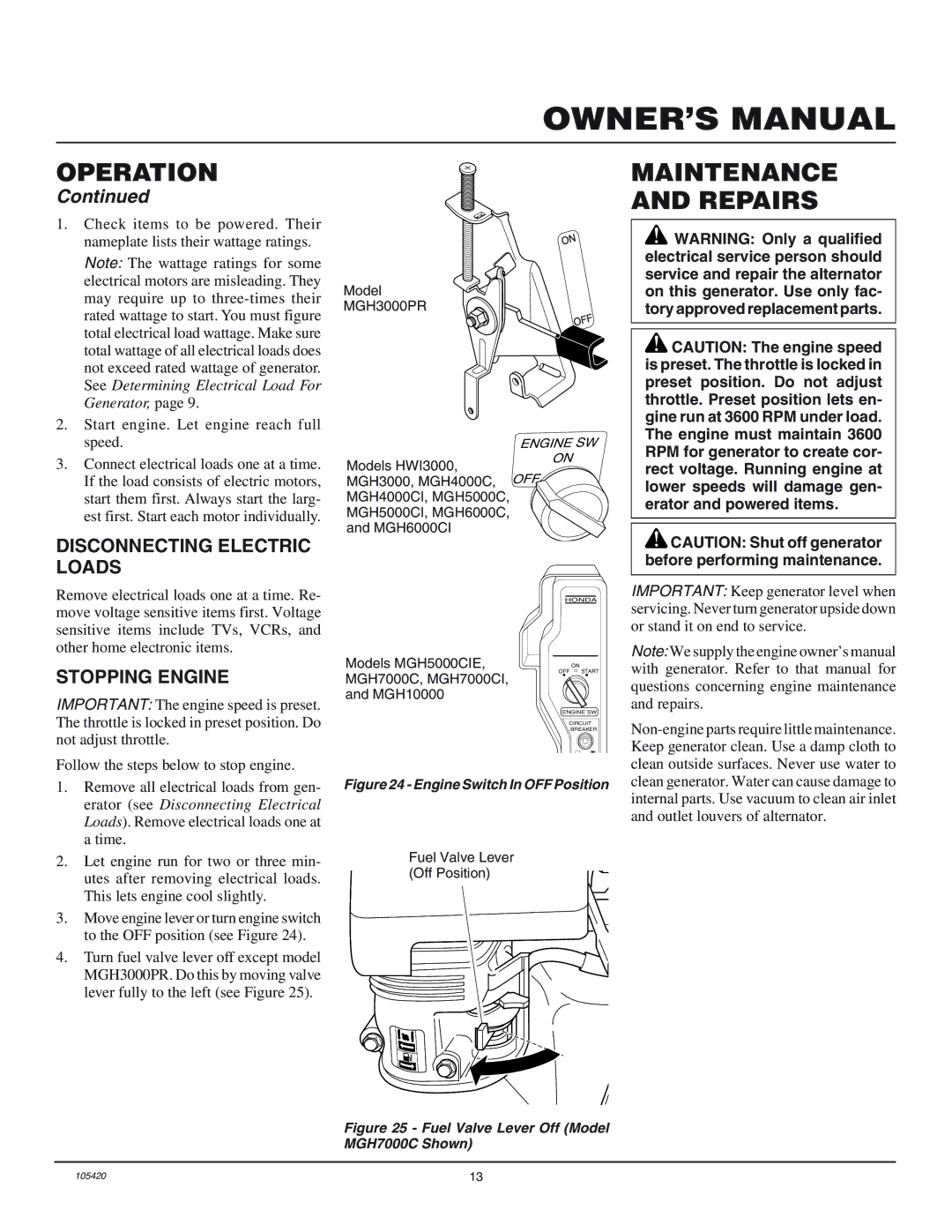 Master Lock MGH4000C, MGH3000PR installation manual Maintenance and Repairs, Disconnecting Electric Loads, Stopping Engine 