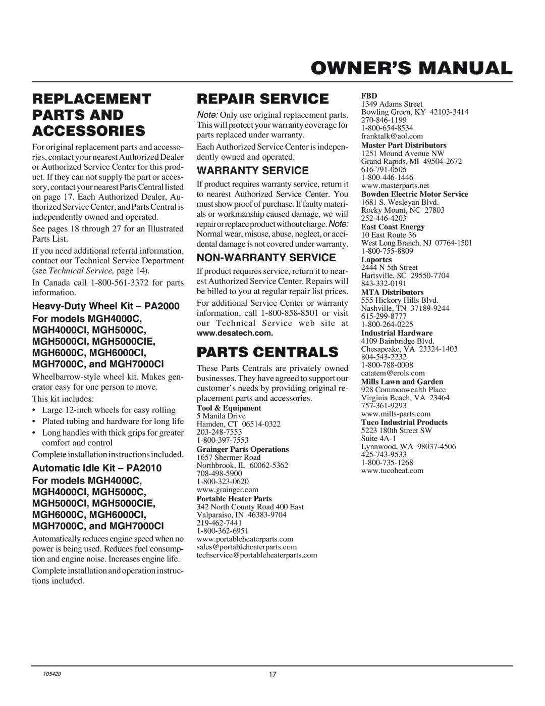 Master Lock MGH4000C, MGH3000PR Replacement Parts and Accessories, Repair Service, Parts Centrals, Warranty Service 