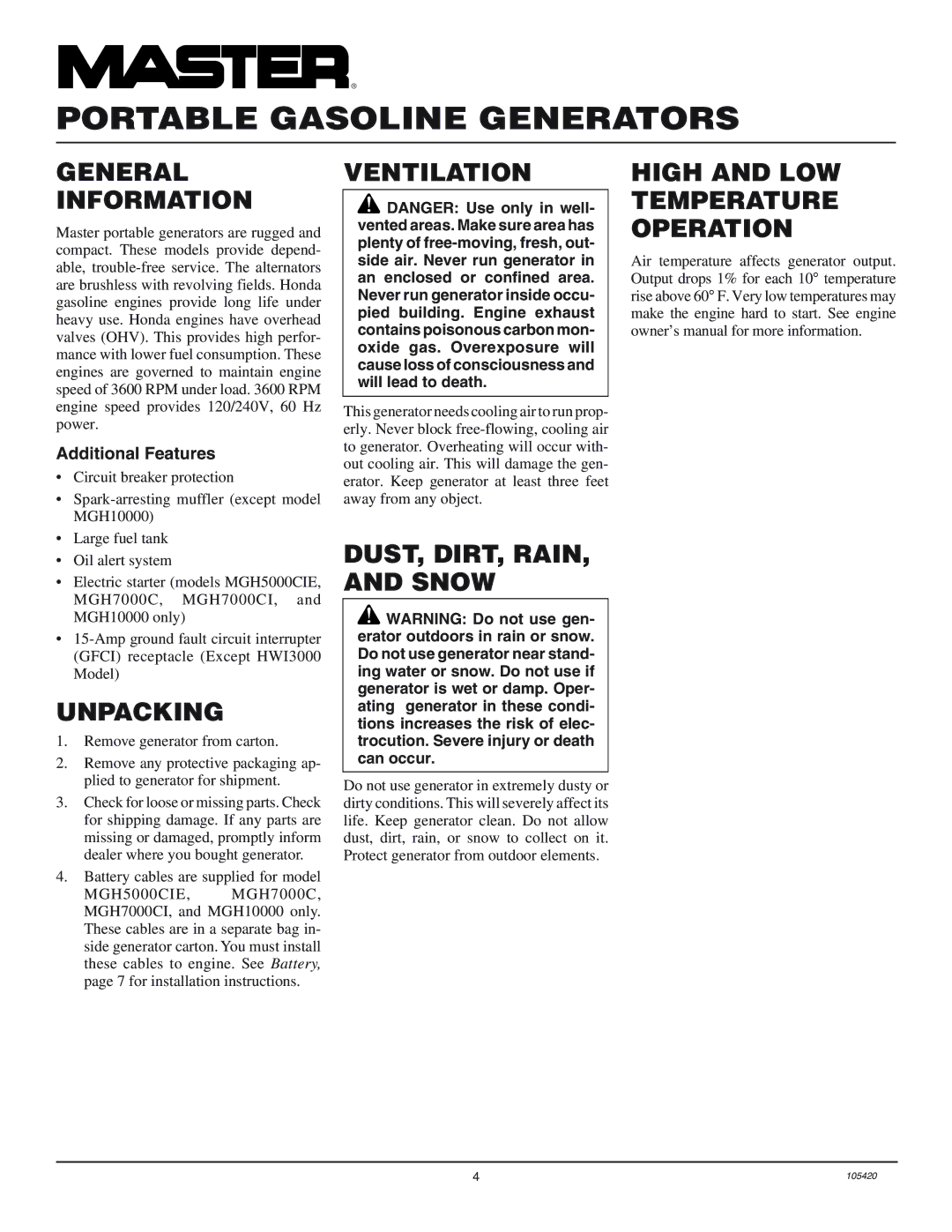 Master Lock MGH3000PR, MGH4000C installation manual General Information, Unpacking, Ventilation, DUST, DIRT, Rain Snow 