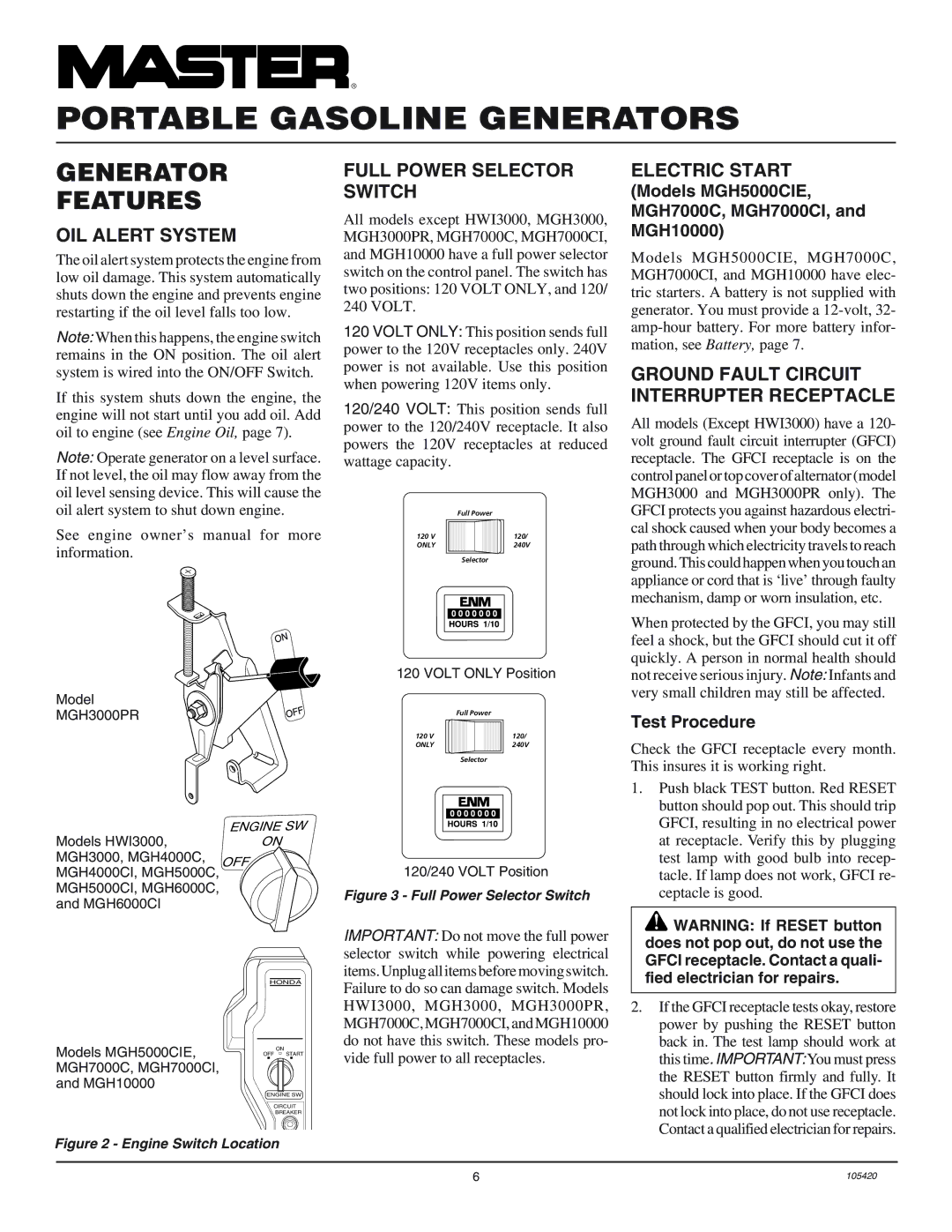 Master Lock MGH3000PR, MGH4000C Generator Features, OIL Alert System, Full Power Selector Switch, Electric Start 