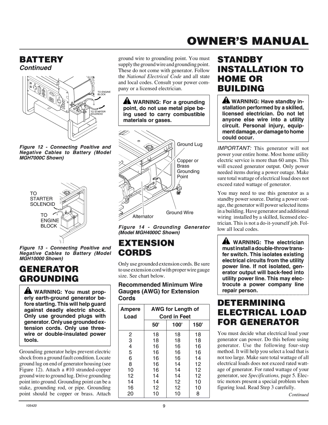 Master Lock MGH4000C, MGH3000PR Standby Installation to Home or Building, Generator Grounding, Extension Cords 