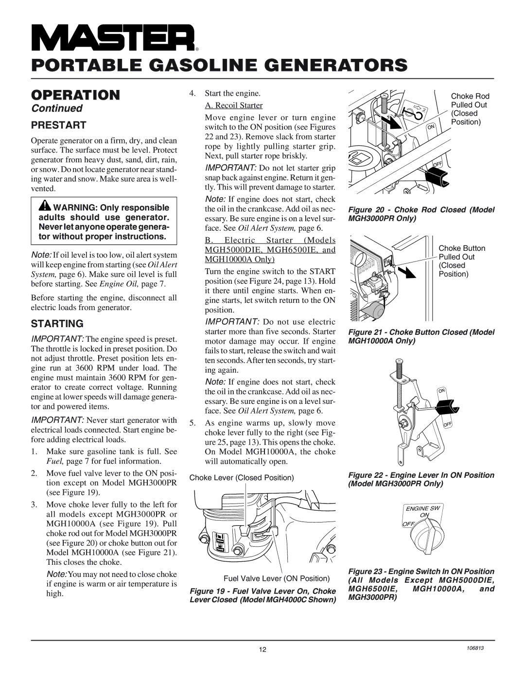 Master Lock MGH6500IE, MGH3000G installation manual Prestart, Starting 