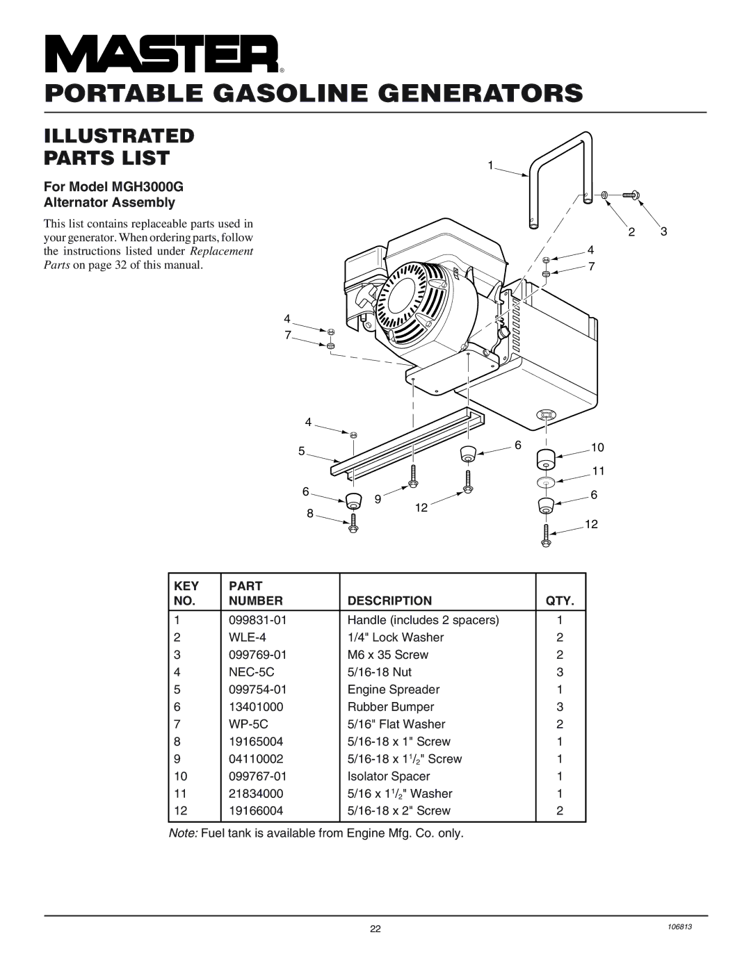 Master Lock MGH6500IE installation manual For Model MGH3000G Alternator Assembly, WP-5C 