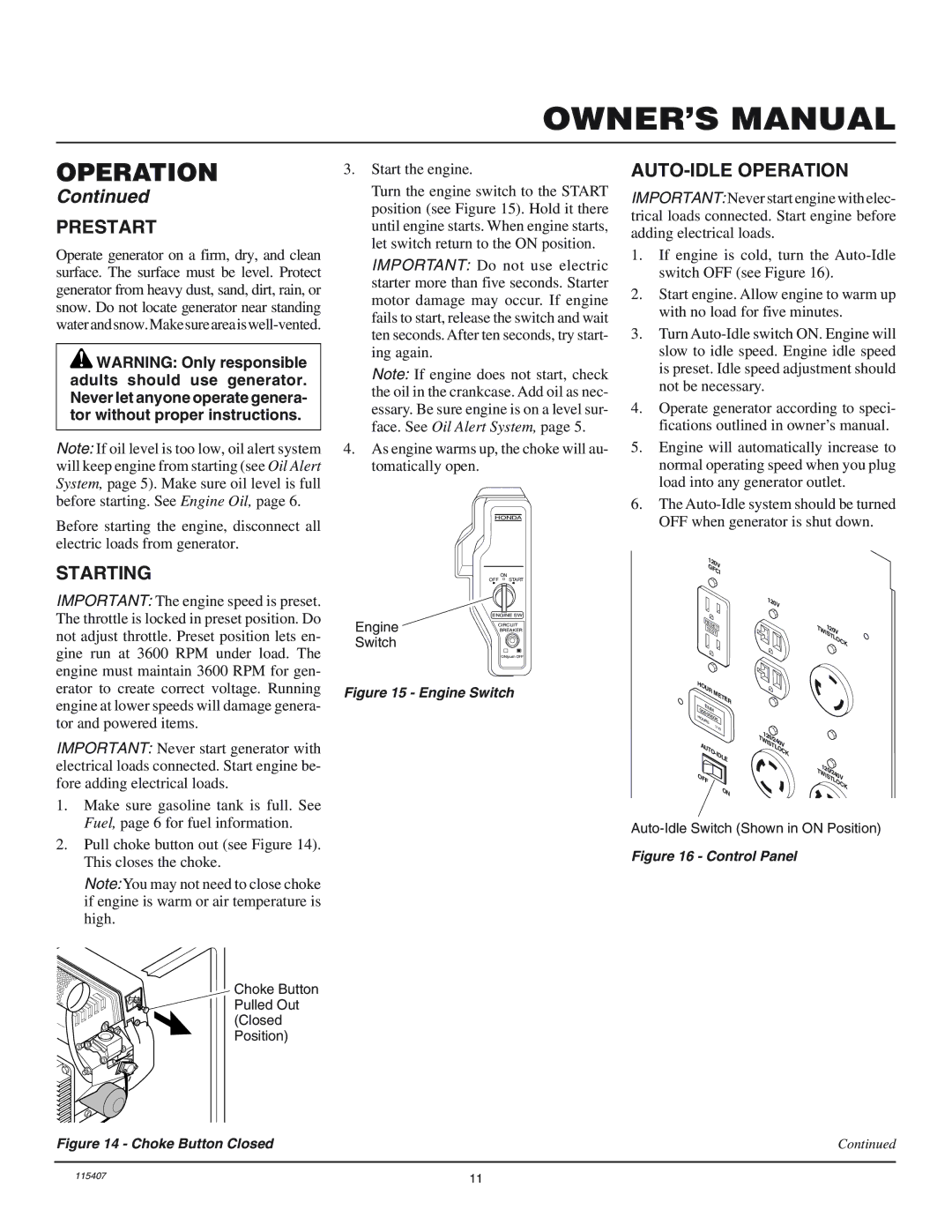 Master Lock MGH8500IE installation manual Prestart, Starting, AUTO-IDLE Operation, Start the engine 