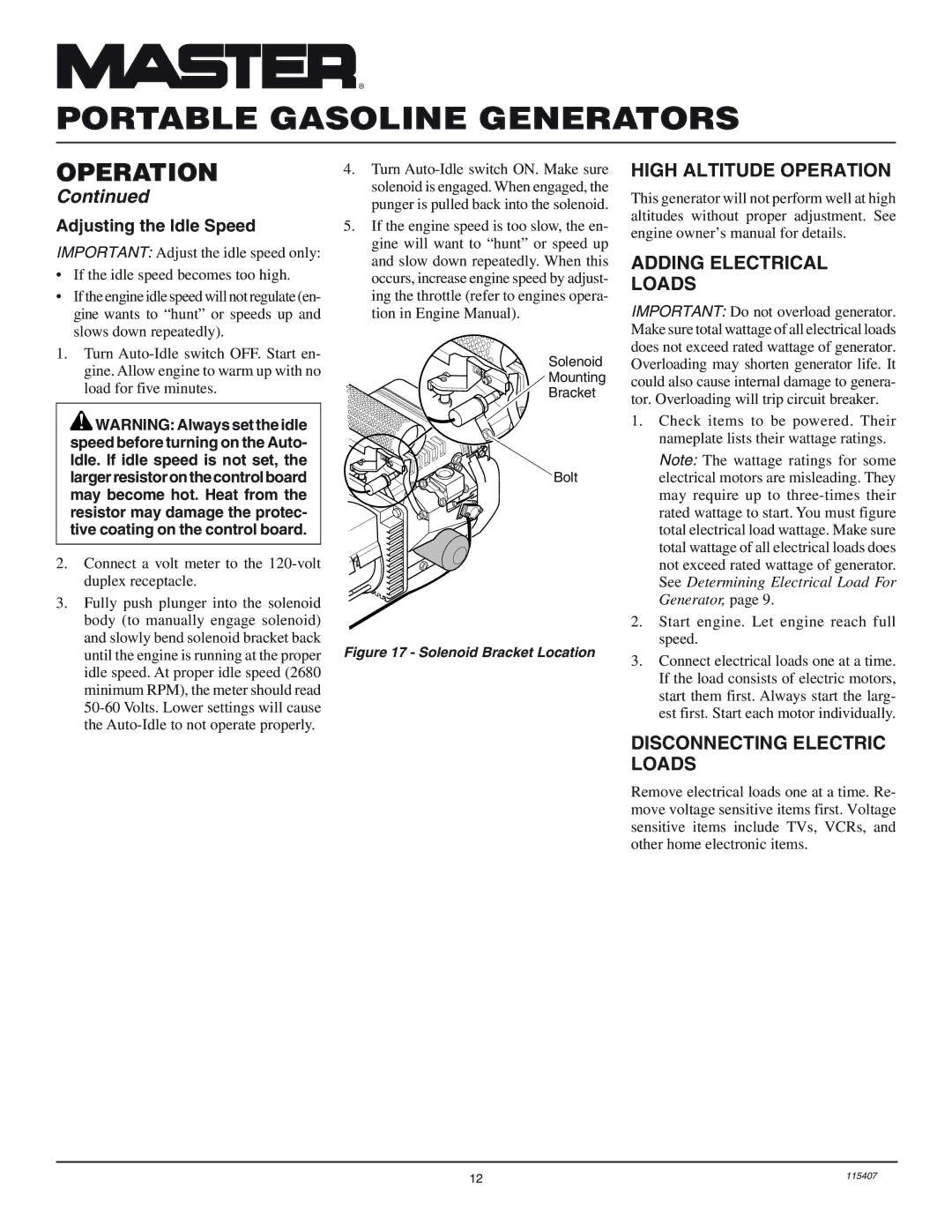 Master Lock MGH8500IE installation manual High Altitude Operation Adding Electrical Loads, Disconnecting Electric Loads 