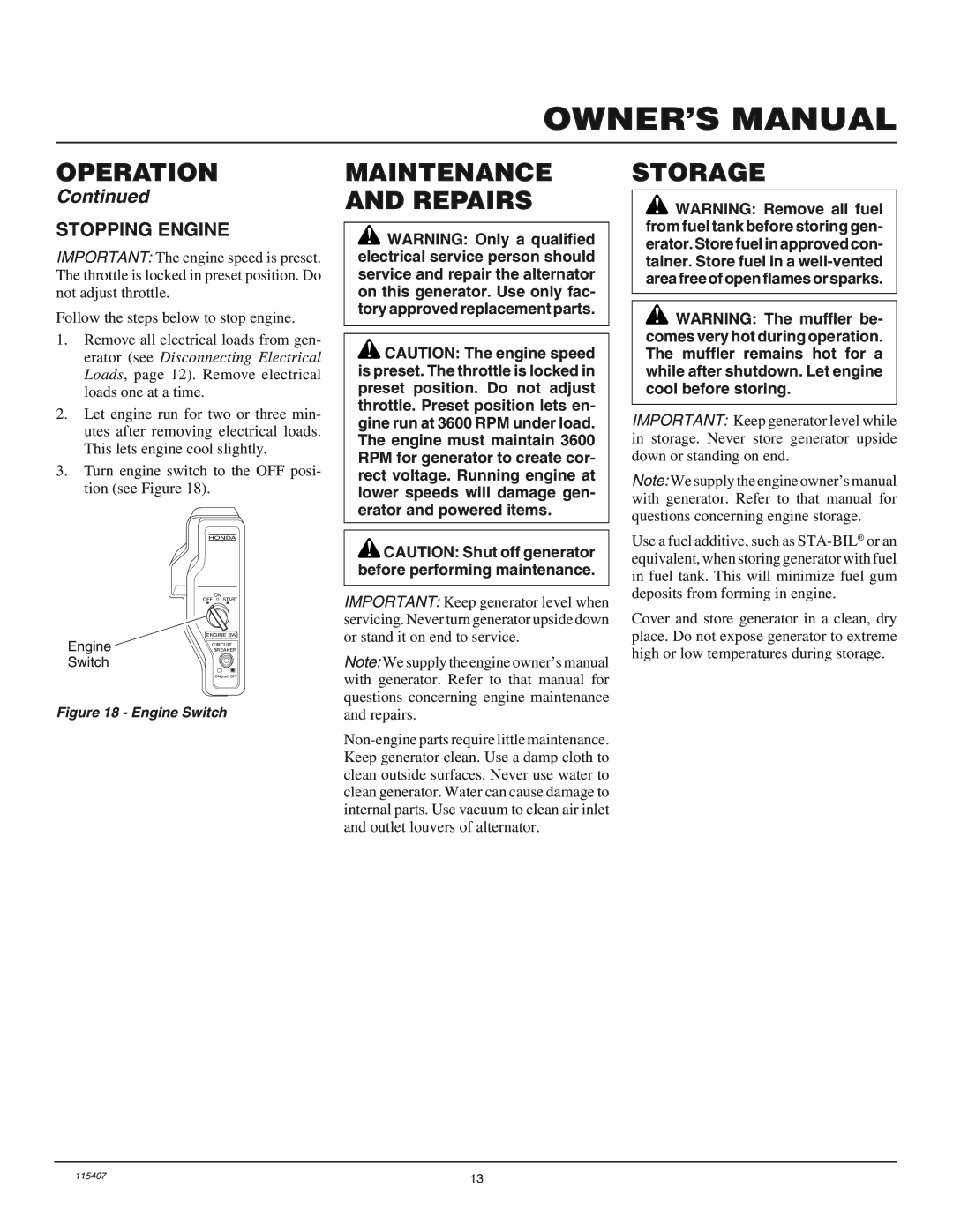 Master Lock MGH8500IE installation manual Maintenance and Repairs, Storage, Stopping Engine 