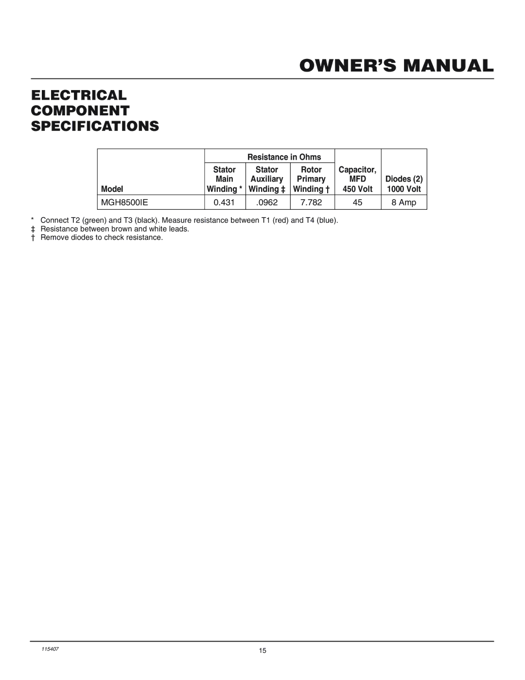 Master Lock MGH8500IE installation manual Electrical Component Specifications, 431 0962 782 Amp 