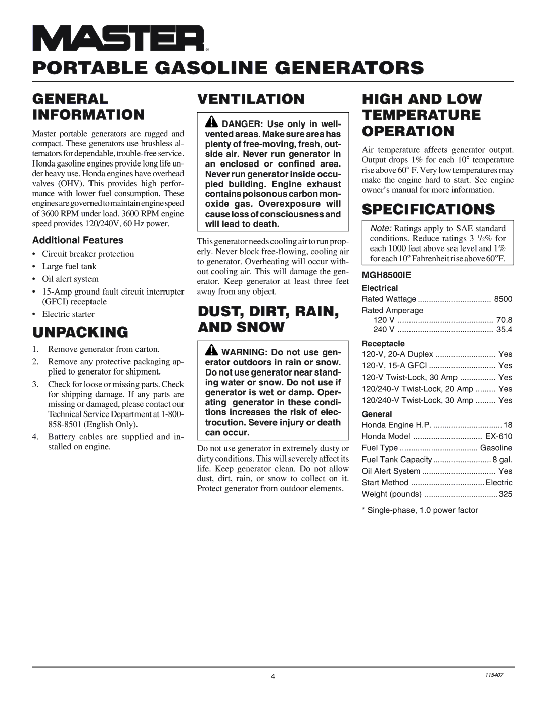 Master Lock MGH8500IE installation manual General Information, Unpacking, Ventilation, DUST, DIRT, Rain Snow 