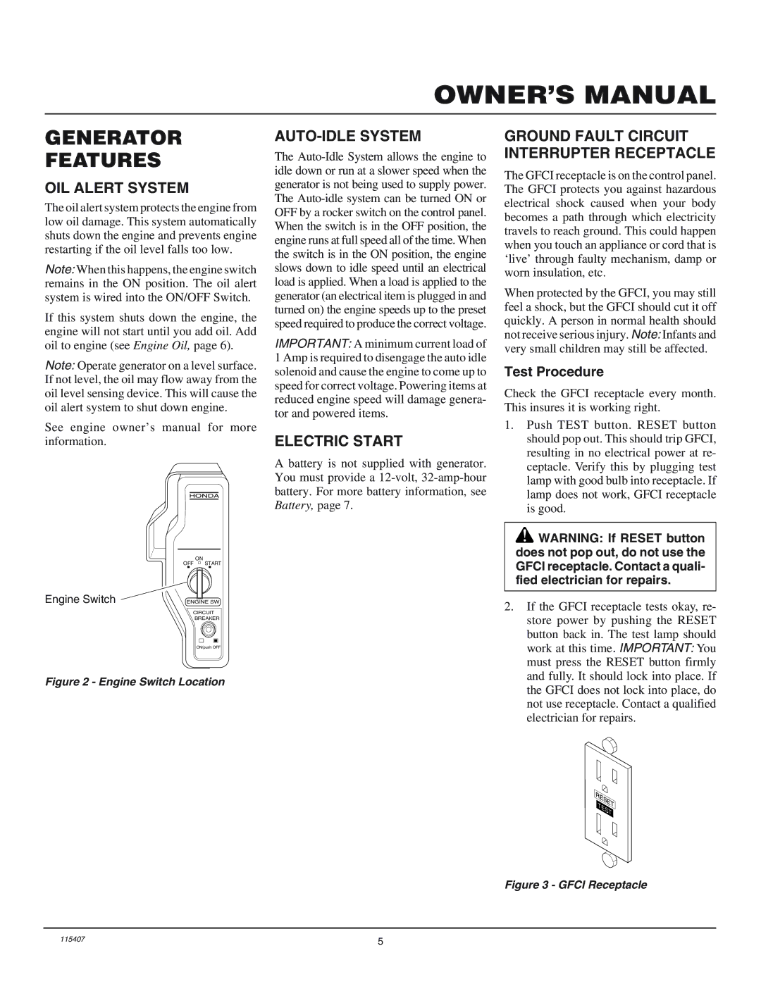 Master Lock MGH8500IE Generator Features, OIL Alert System, AUTO-IDLE System, Electric Start, Test Procedure 