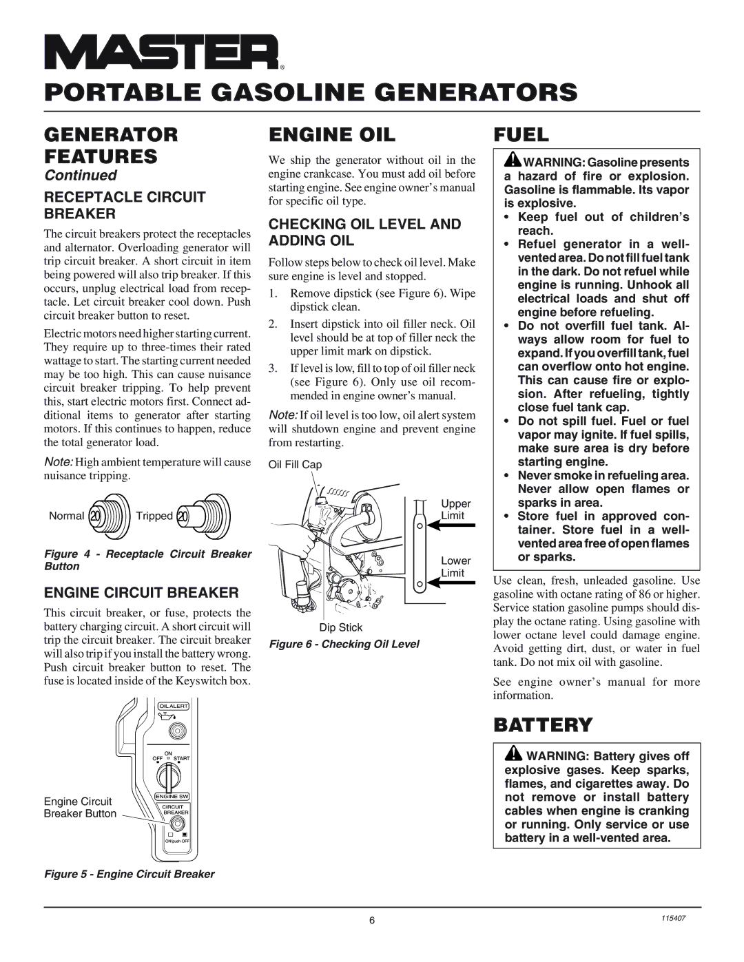 Master Lock MGH8500IE installation manual Engine OIL, Fuel, Battery 