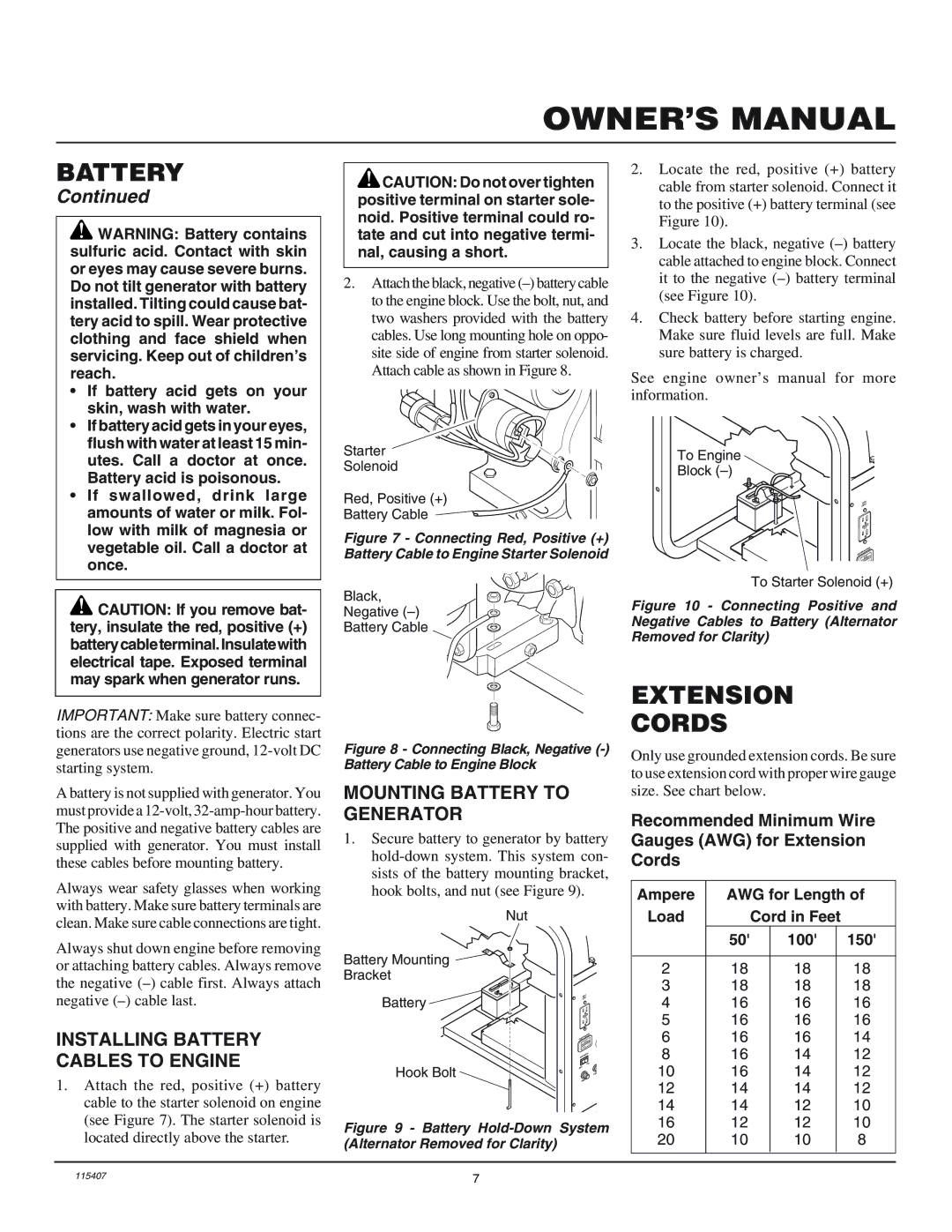 Master Lock MGH8500IE Extension Cords, Mounting Battery to Generator, Installing Battery Cables to Engine 