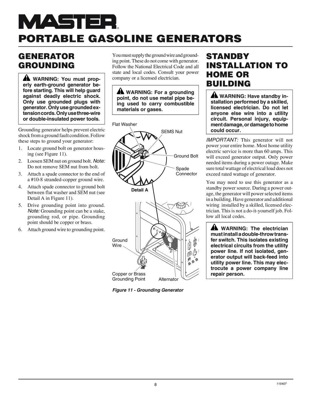 Master Lock MGH8500IE installation manual Generator Grounding, Standby Installation to Home or Building 