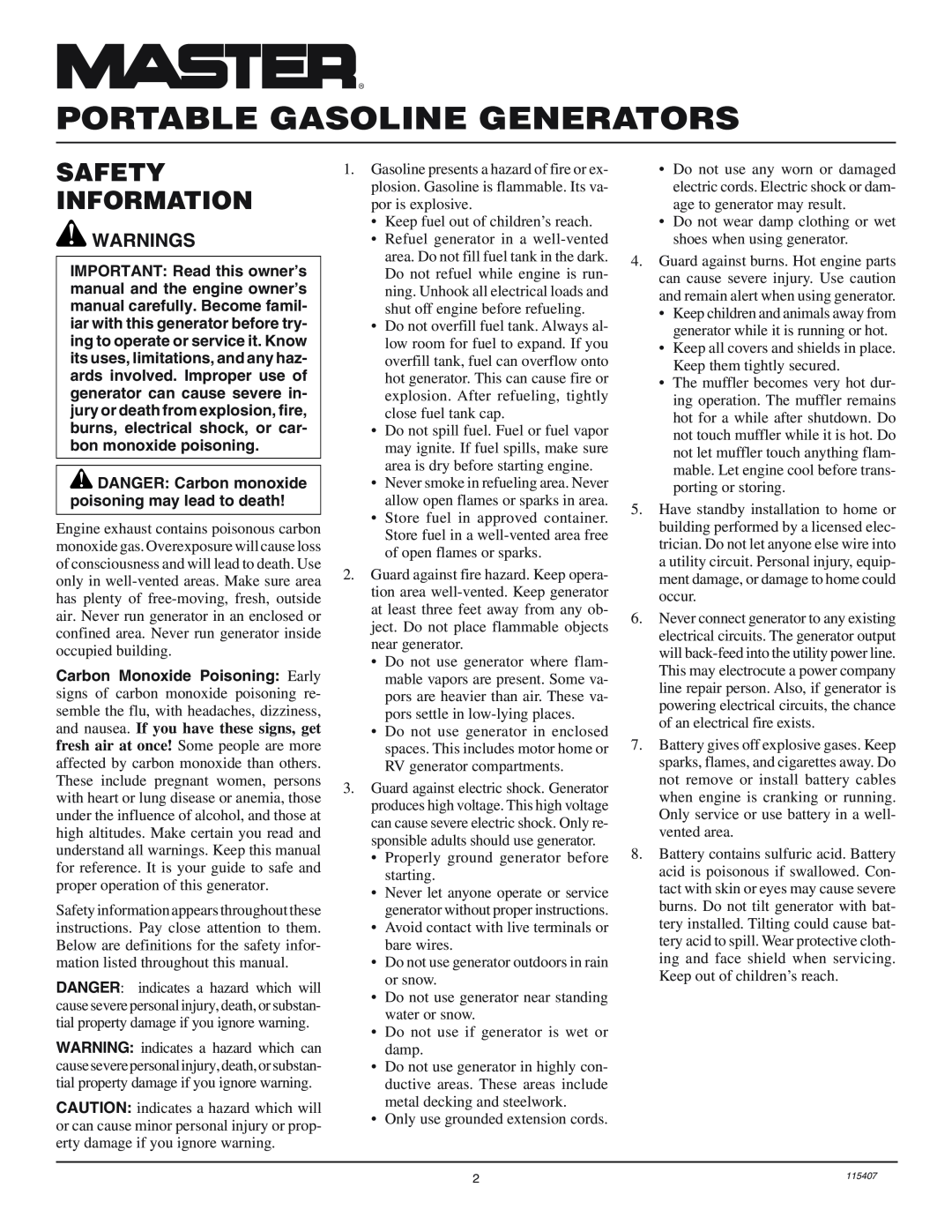 Master Lock MGH8500IE installation manual Portable Gasoline Generators, Safety Information, Warnings 