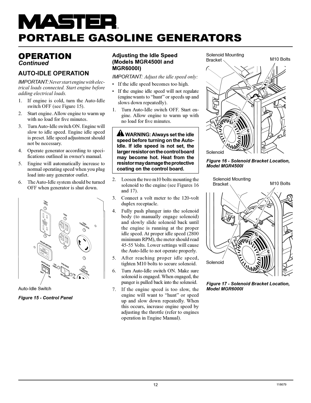 Master Lock MGR2900A, MGR4500I, MGR6000I AUTO-IDLE Operation, Adjusting the Idle Speed Models MGR4500I MGR6000I 