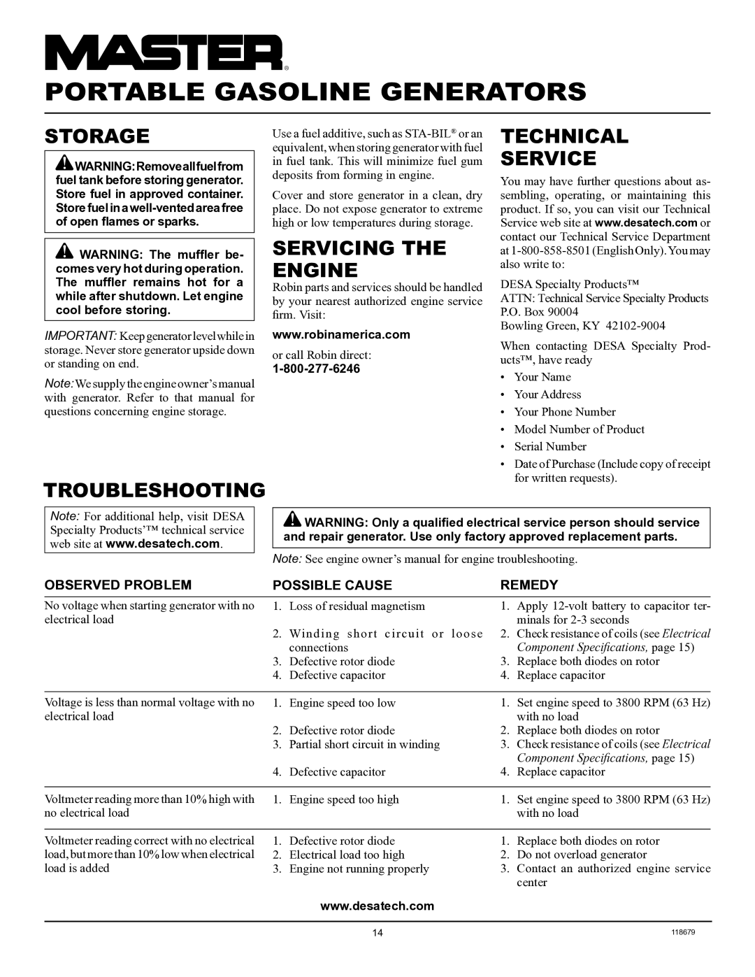 Master Lock MGR2900A, MGR4500I, MGR6000I Storage, Servicing the Engine, Technical Service, Troubleshooting 