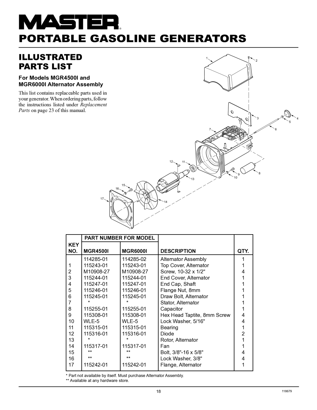 Master Lock MGR2900A, MGR4500I, MGR6000I For Models MGR4500I MGR6000I Alternator Assembly, KEY Part Number for Model 