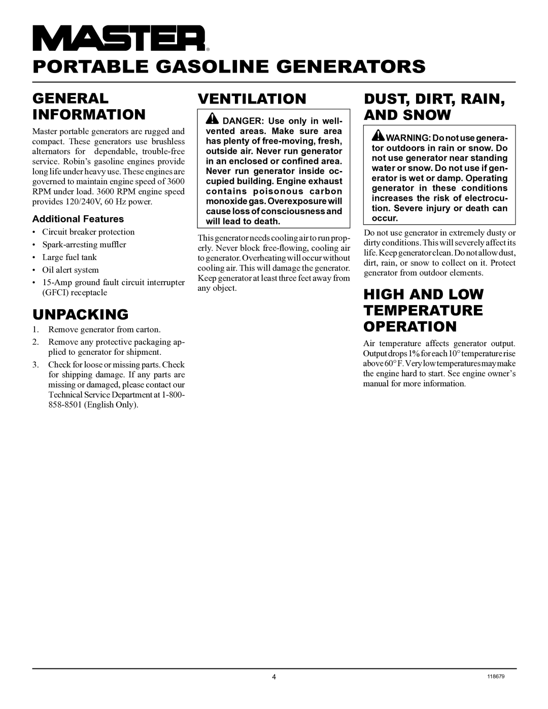 Master Lock MGR2900A, MGR4500I, MGR6000I General Information, Unpacking, Ventilation, DUST, DIRT, Rain Snow 