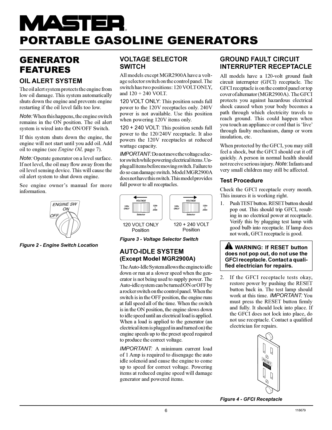 Master Lock MGR2900A, MGR4500I, MGR6000I Generator Features, OIL Alert System, Voltage Selector Switch, AUTO-IDLE System 