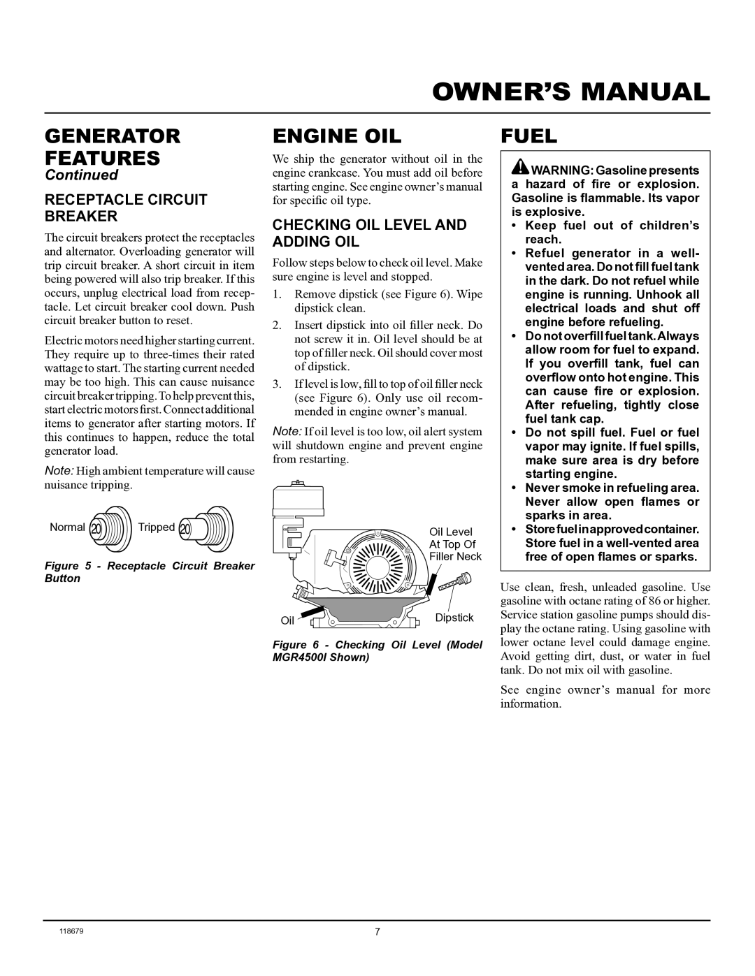 Master Lock MGR2900A, MGR4500I, MGR6000I Engine OIL, Fuel, Receptacle Circuit Breaker, Checking OIL Level and Adding OIL 