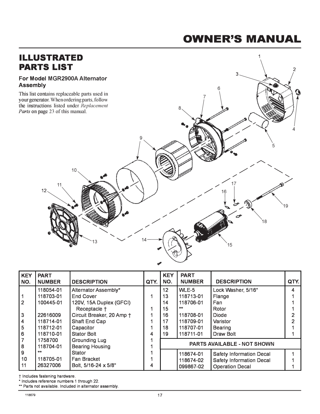 Master Lock MGR2900A, MGR4500I, MGR6000I installation manual Illustrated Parts List, For Model MGR2900A Alternator Assembly 