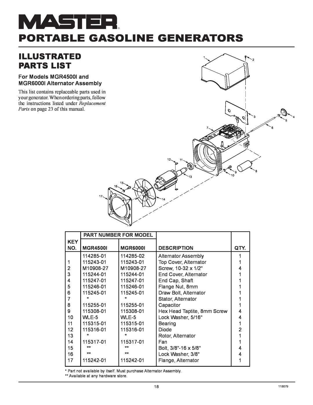 Master Lock MGR2900A, MGR4500I, MGR6000I Illustrated, Parts List, For Models MGR4500I and MGR6000I Alternator Assembly 