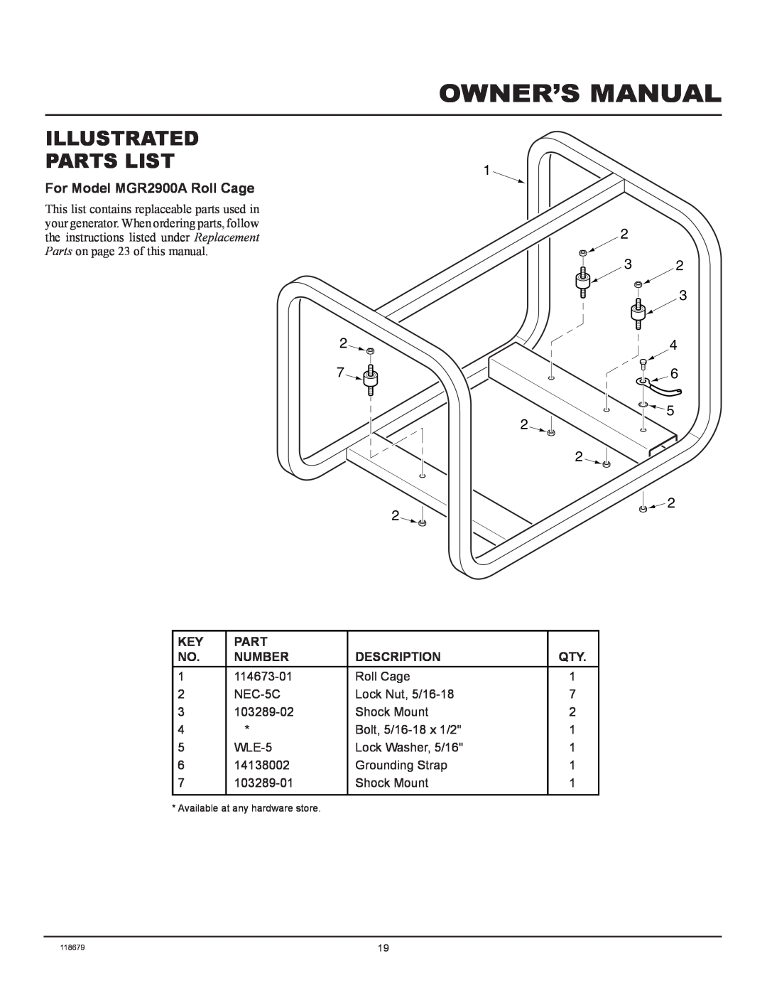 Master Lock MGR2900A, MGR4500I, MGR6000I installation manual For Model MGR2900A Roll Cage, Illustrated Parts List 