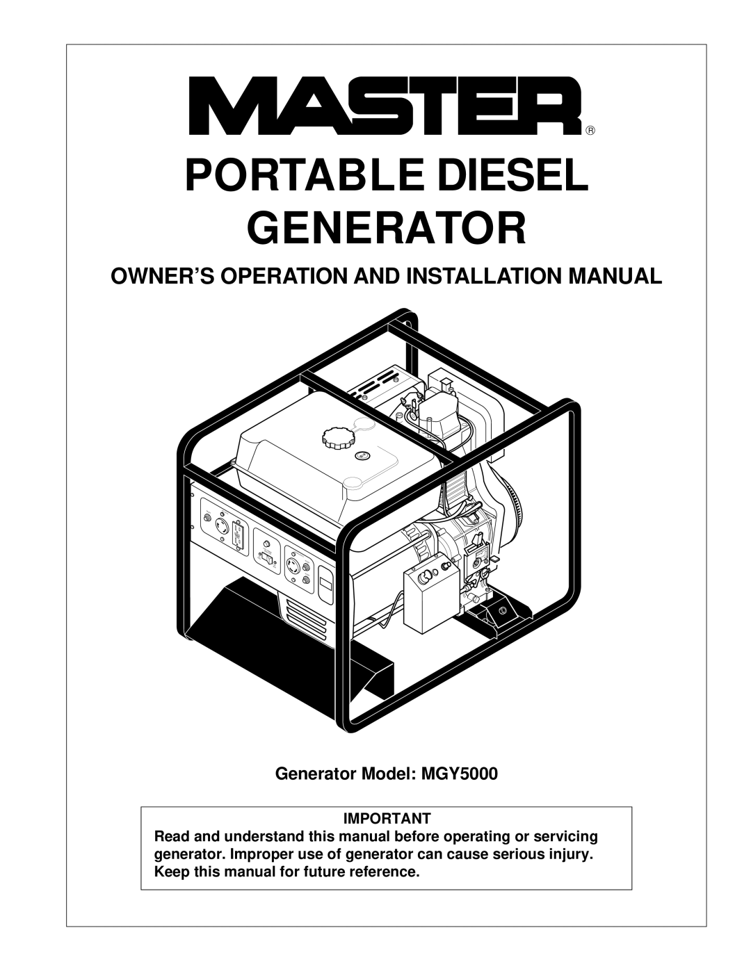 Master Lock MGY5000 installation manual Portable Diesel Generator, OWNER’S Operation and Installation Manual 