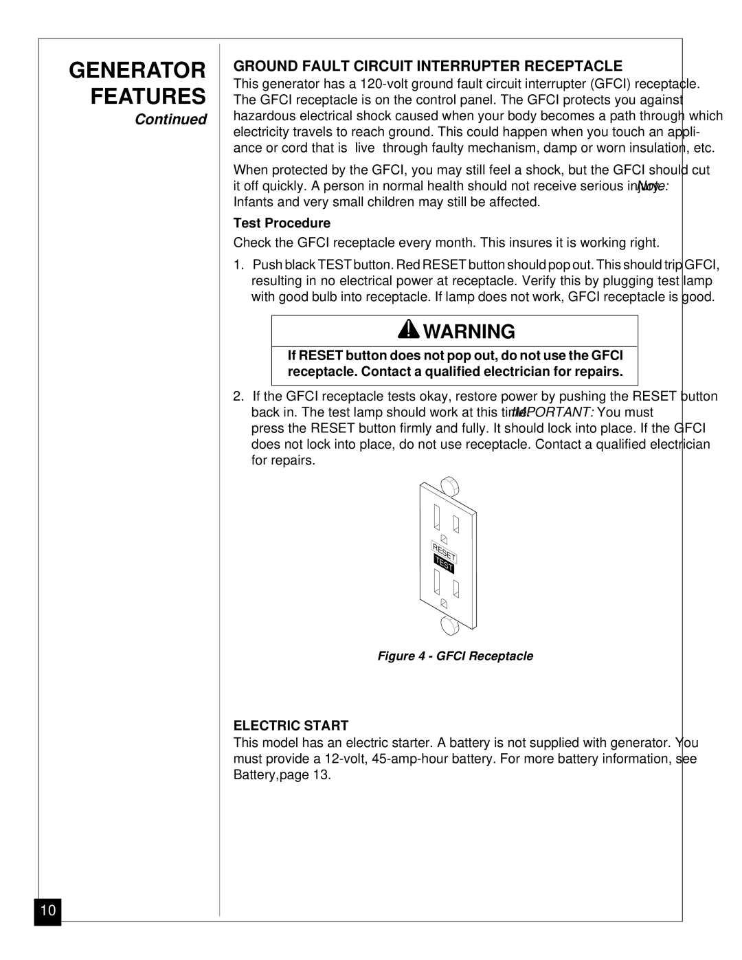 Master Lock MGY5000 installation manual Ground Fault Circuit Interrupter Receptacle, Electric Start 