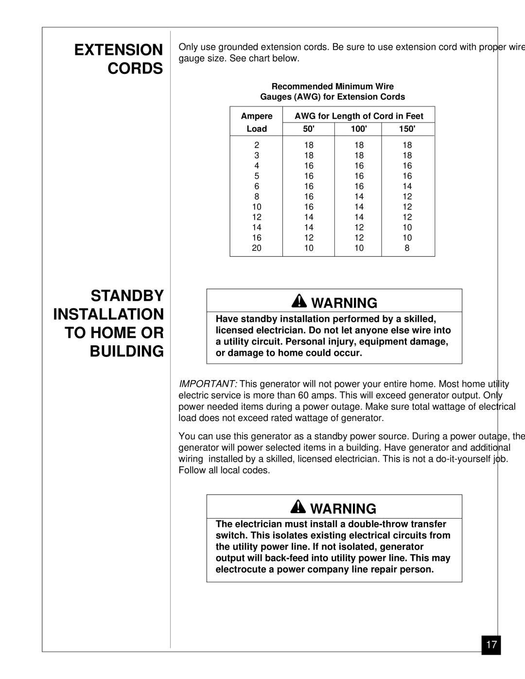 Master Lock MGY5000 installation manual Extension Cords Standby Installation to Home or Building 