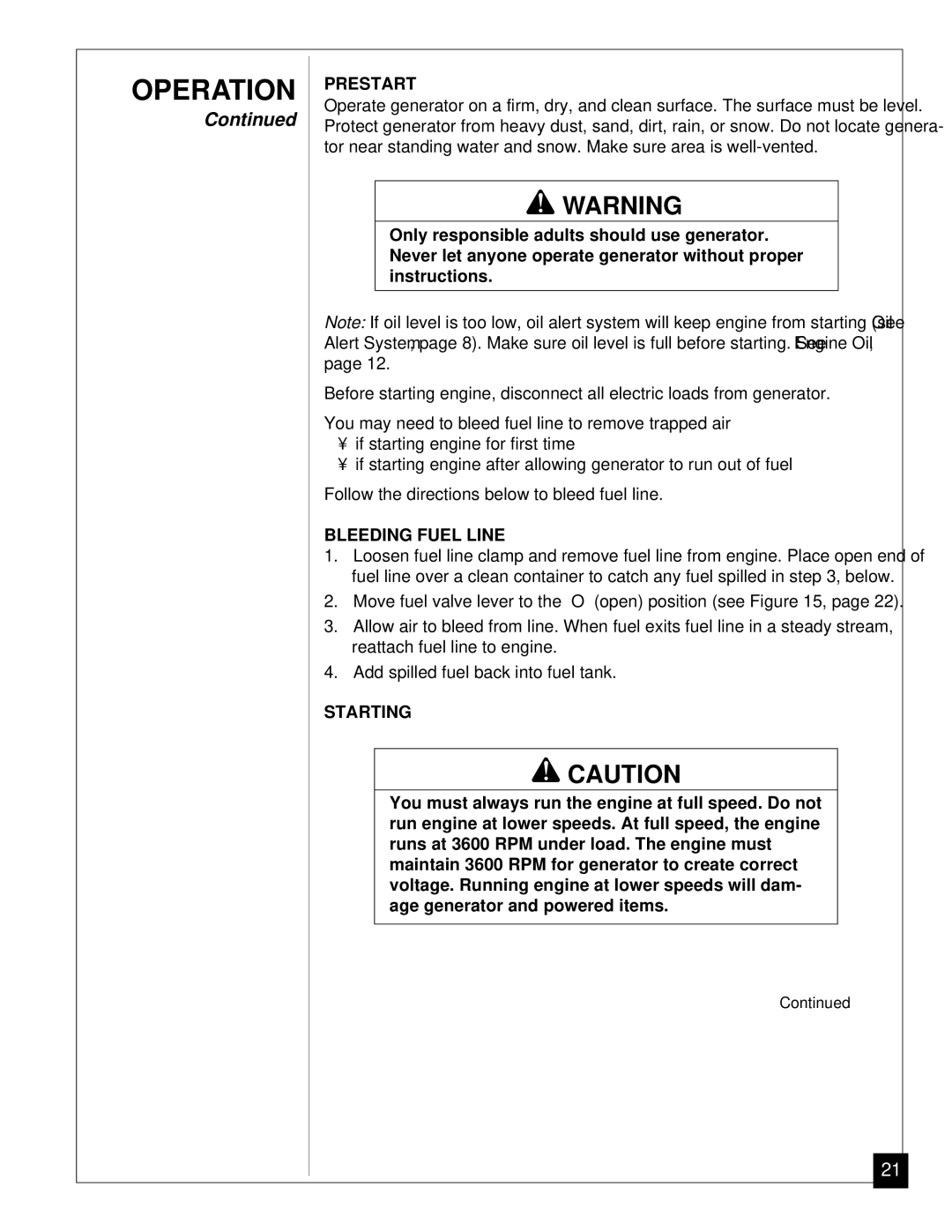 Master Lock MGY5000 installation manual Prestart, Bleeding Fuel Line, Starting 