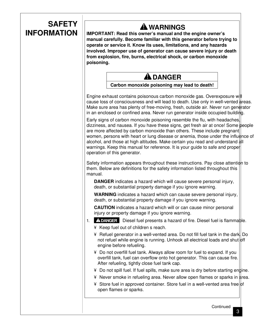 Master Lock MGY5000 installation manual Safety Information, Carbon monoxide poisoning may lead to death 