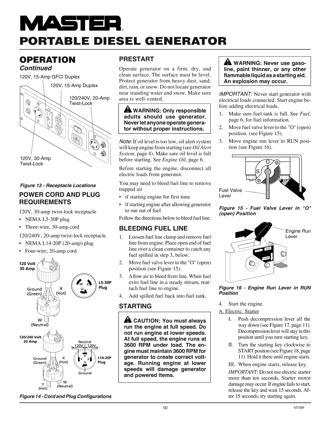 Master Lock MGY5000C installation manual Power Cord and Plug Requirements, Prestart, Bleeding Fuel Line, Starting 