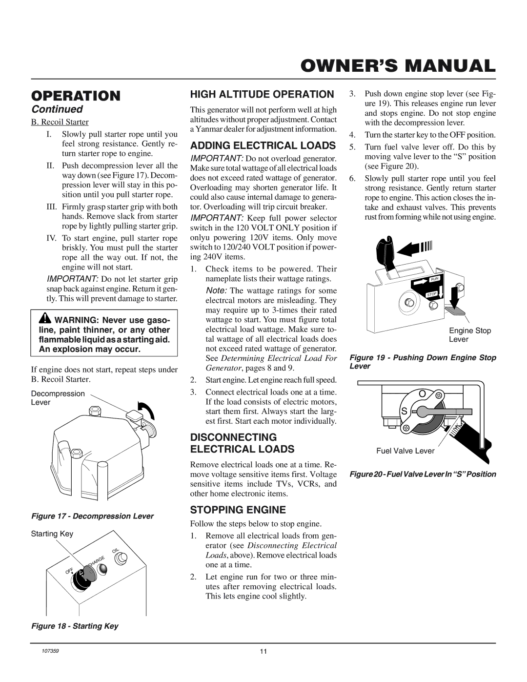 Master Lock MGY5000C High Altitude Operation, Adding Electrical Loads, Disconnecting Electrical Loads, Stopping Engine 