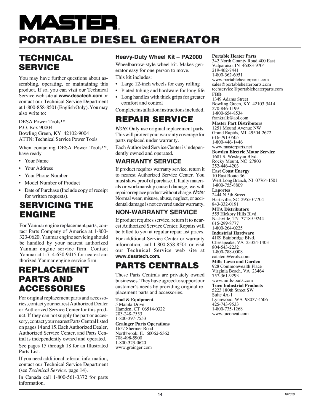 Master Lock MGY5000C Technical Service, Servicing the Engine, Replacement Parts and Accessories, Repair Service 