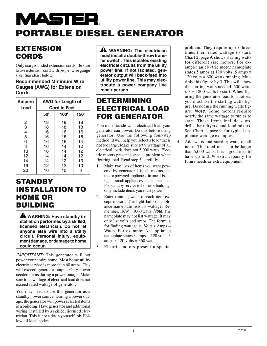 Master Lock MGY5000C Extension Cords, Standby Installation to Home or Building, Determining Electrical Load for Generator 
