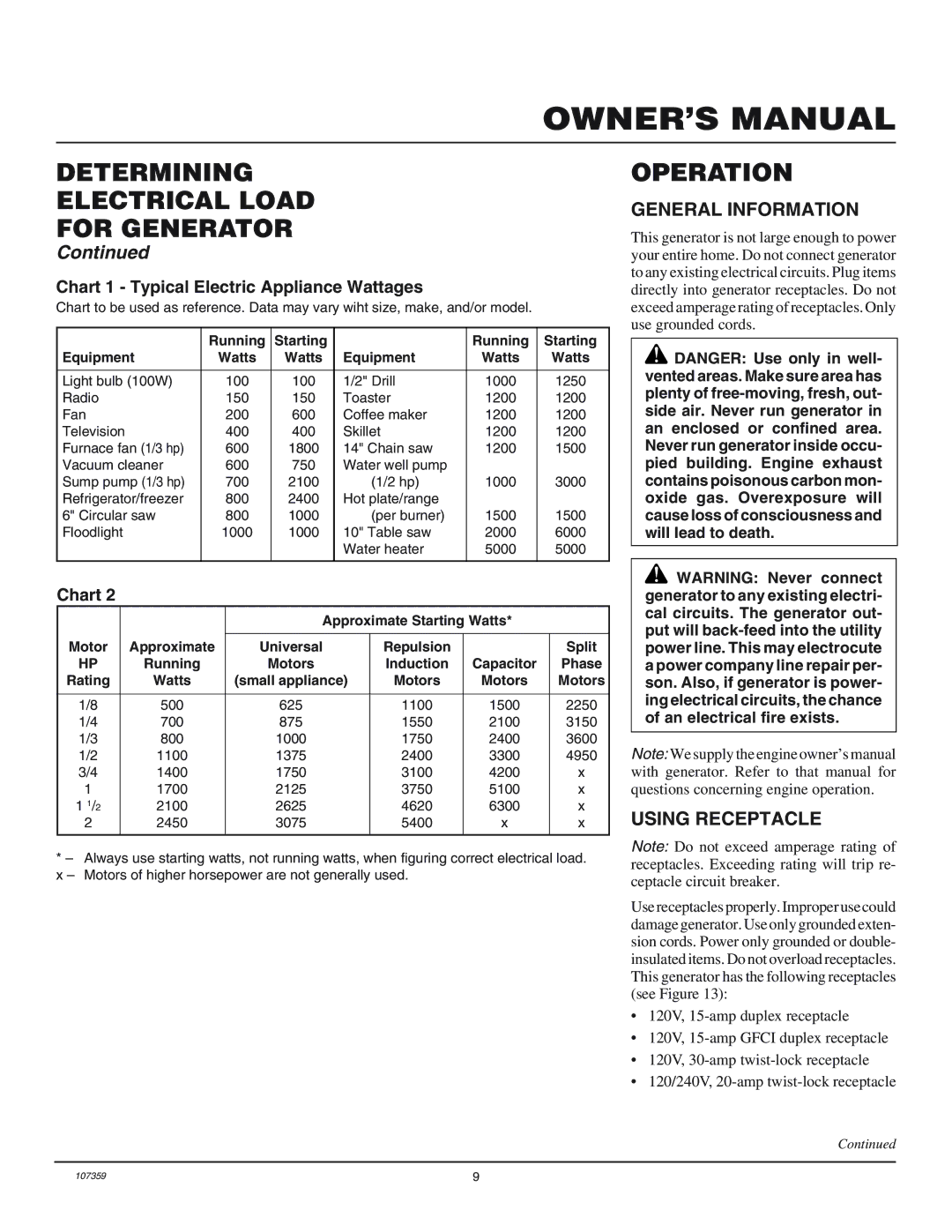 Master Lock MGY5000C Operation, General Information, Using Receptacle, Chart 1 Typical Electric Appliance Wattages 