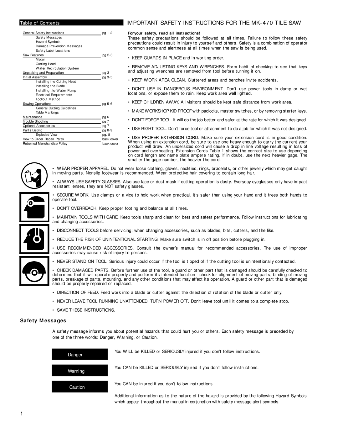 Master Lock owner manual Safety Messages, Important Safety Instructions for the MK-470 Tile SAW 