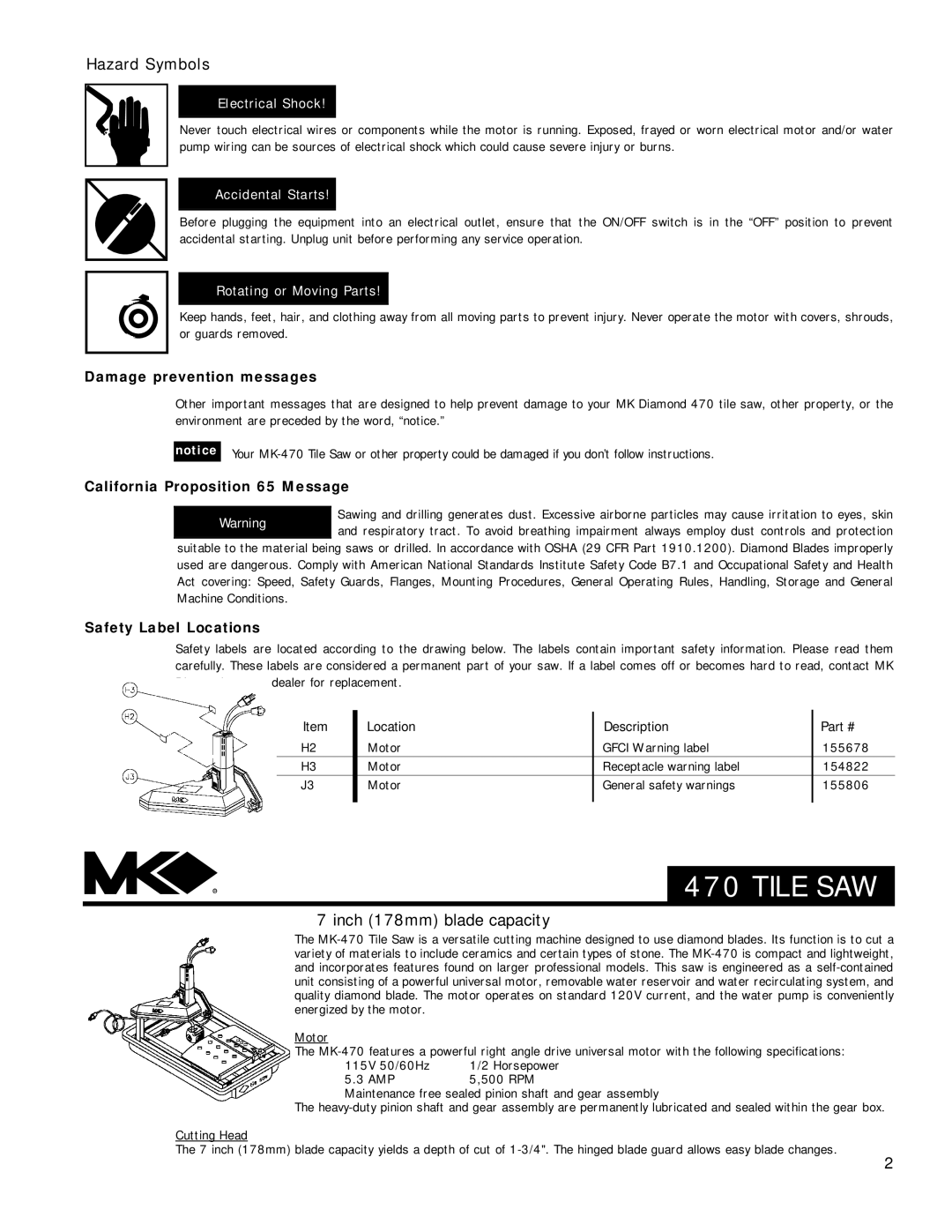 Master Lock MK-470 Hazard Symbols, Damage prevention messages, California Proposition 65 Message, Safety Label Locations 