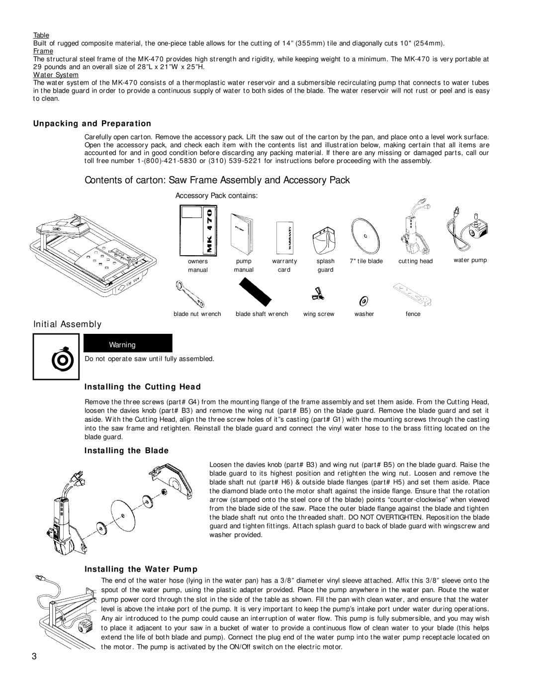 Master Lock MK-470 Unpacking and Preparation, Installing the Cutting Head, Installing the Blade, Installing the Water Pump 