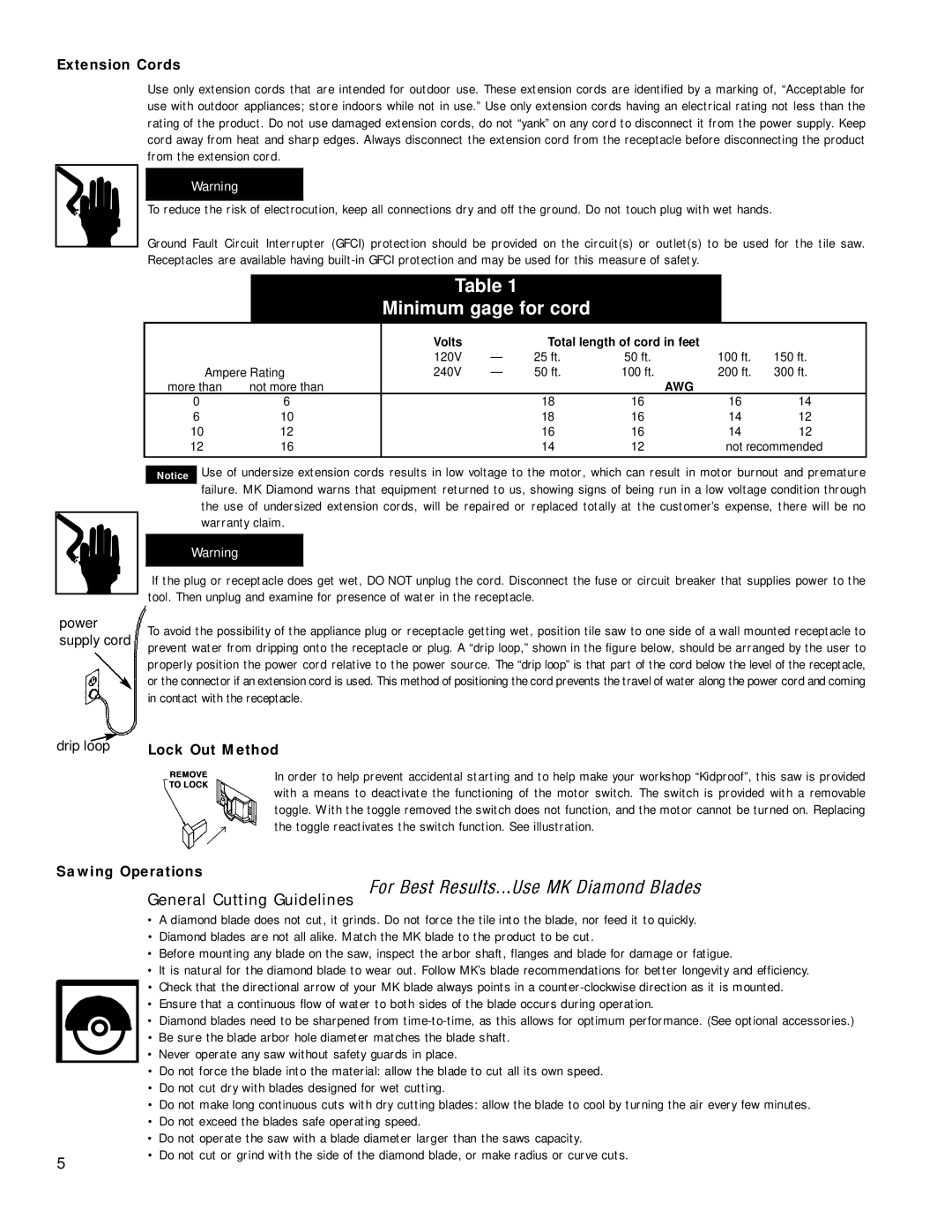 Master Lock MK-470 owner manual Extension Cords, Lock Out Method, Sa wing Operations, General Cutting Guidelines 