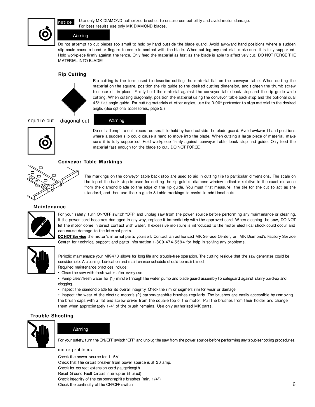 Master Lock MK-470 owner manual Rip Cutting, Conveyor Table Markings, Maintenance, Trouble Shooting 