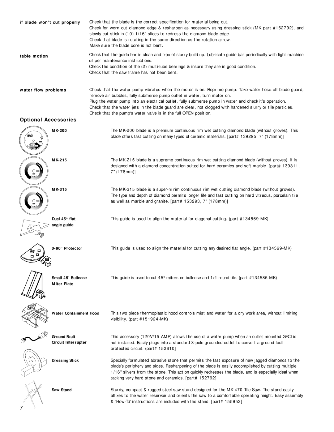 Master Lock MK-470 owner manual Optional Accessories, If blade won’t cut properly Table motion 