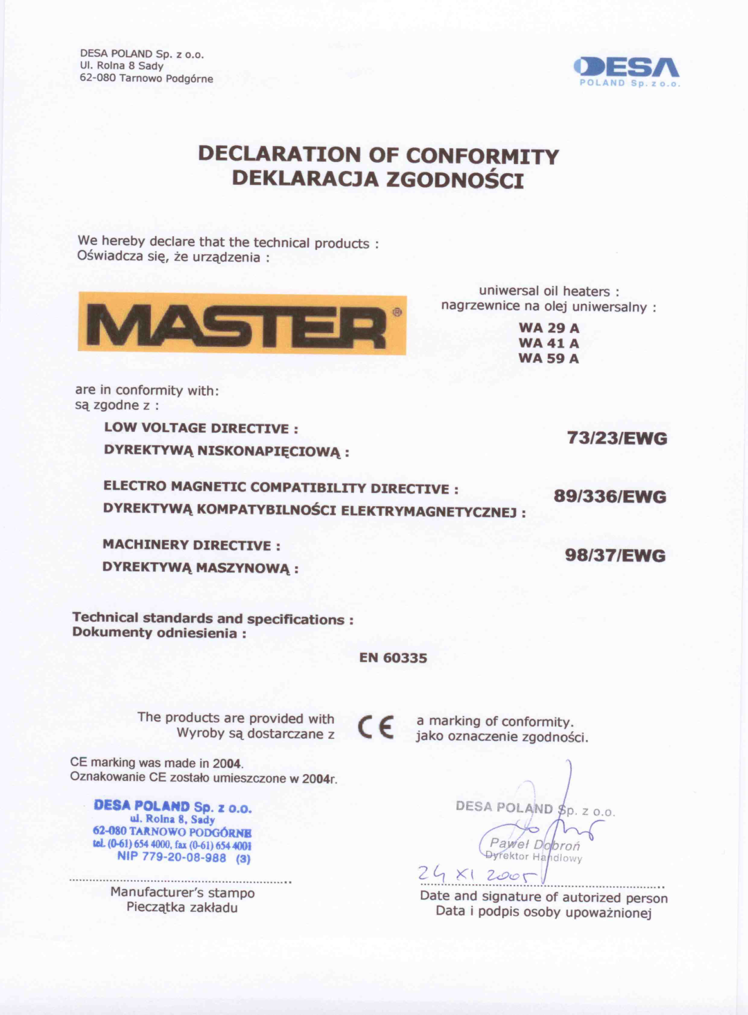 Master Lock WA 29 A user manual 