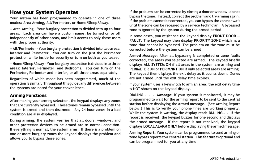 Master Lock XR20 manual How your System Operates, Arming Functions 