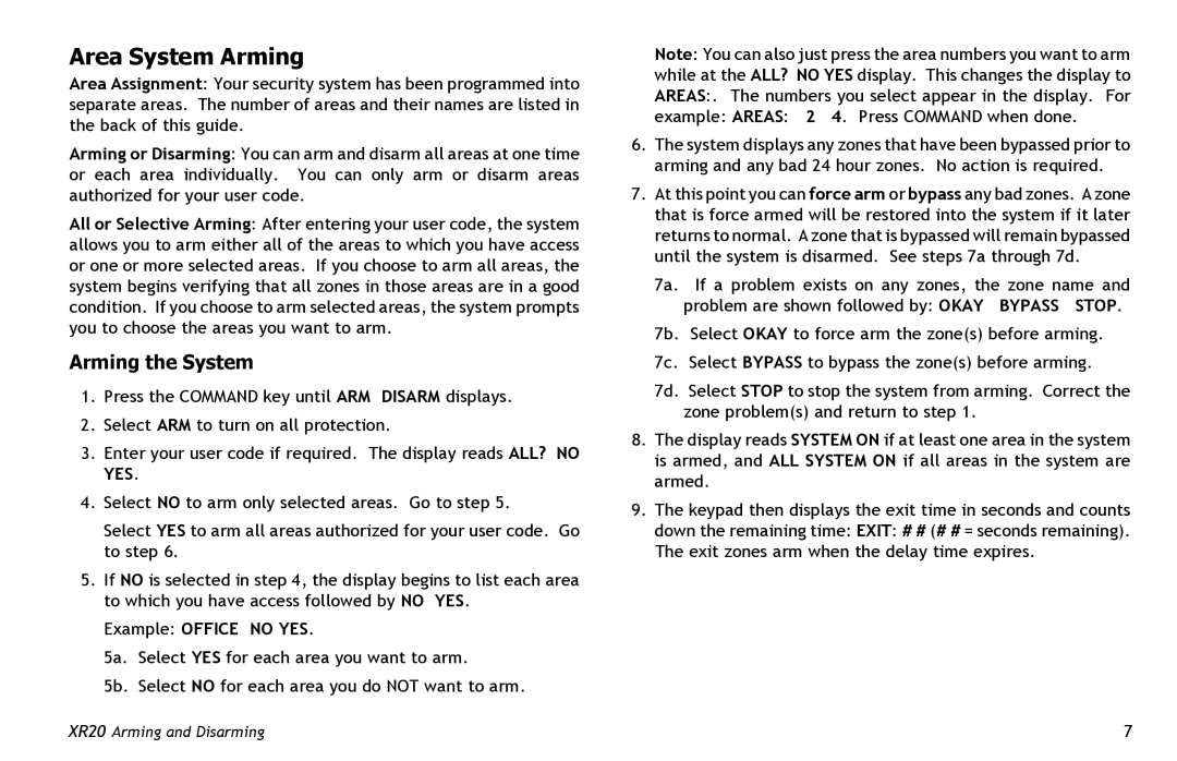 Master Lock XR20 manual Area System Arming, Arming the System, Example Office no YES 