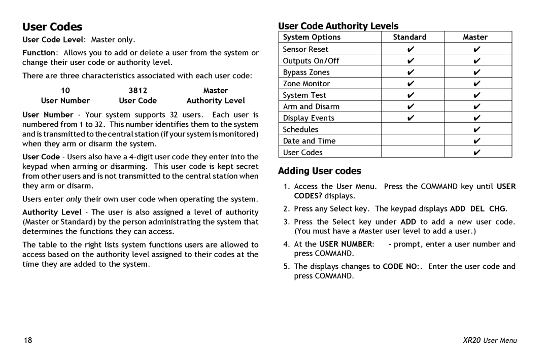 Master Lock XR20 manual User Codes, User Code Authority Levels, Adding User codes 