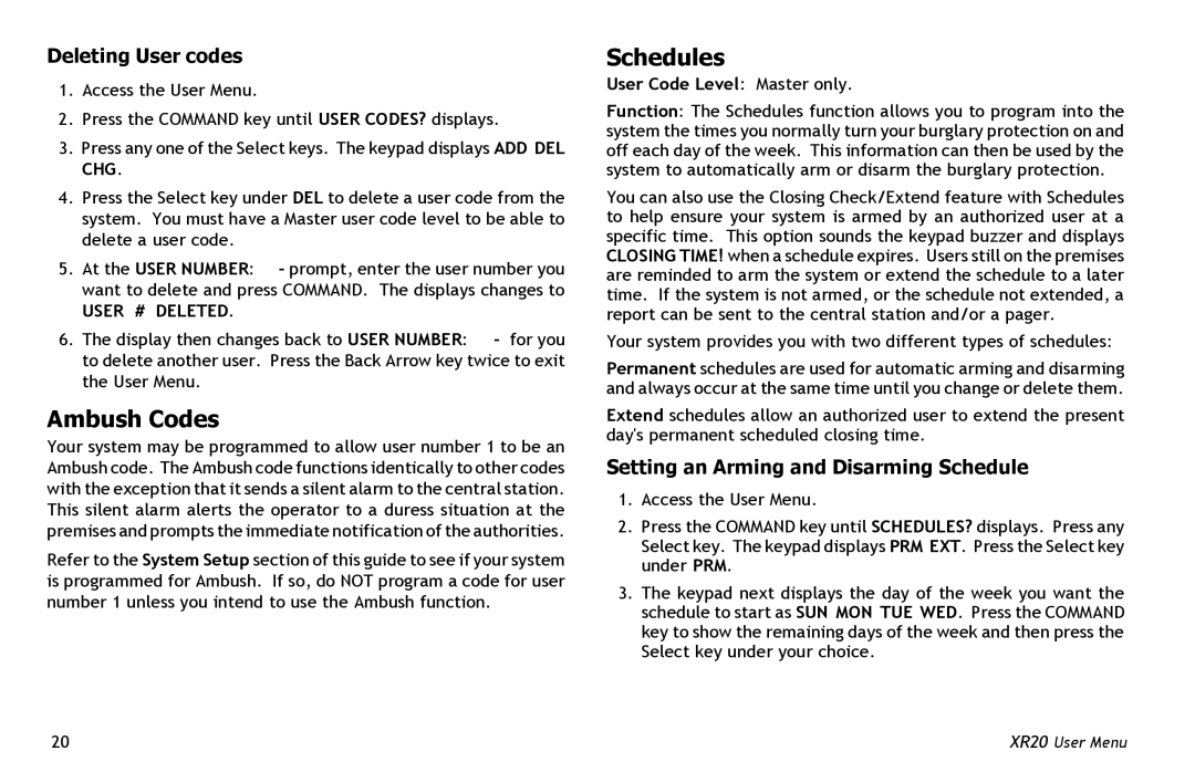Master Lock XR20 manual Ambush Codes, Schedules, Deleting User codes, Setting an Arming and Disarming Schedule 